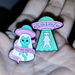 Purple Aqua Cat UFO Spaceship Enamel Pins Set of 2